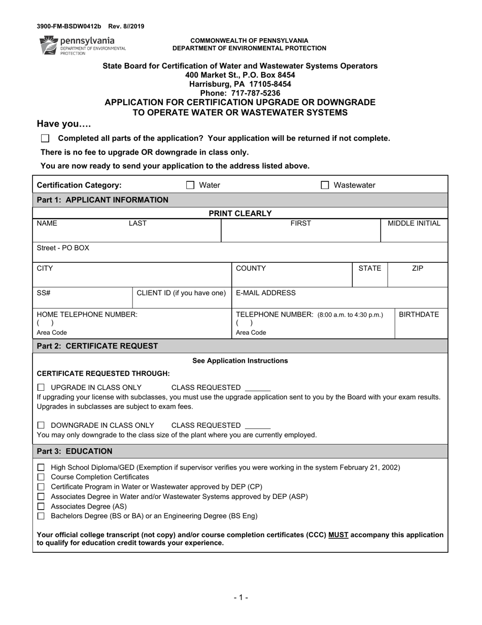 Form 3900-FM-BSDW0412B Application for Certification Upgrade or Downgrade to Operate Water or Wastewater Systems - Pennsylvania, Page 1
