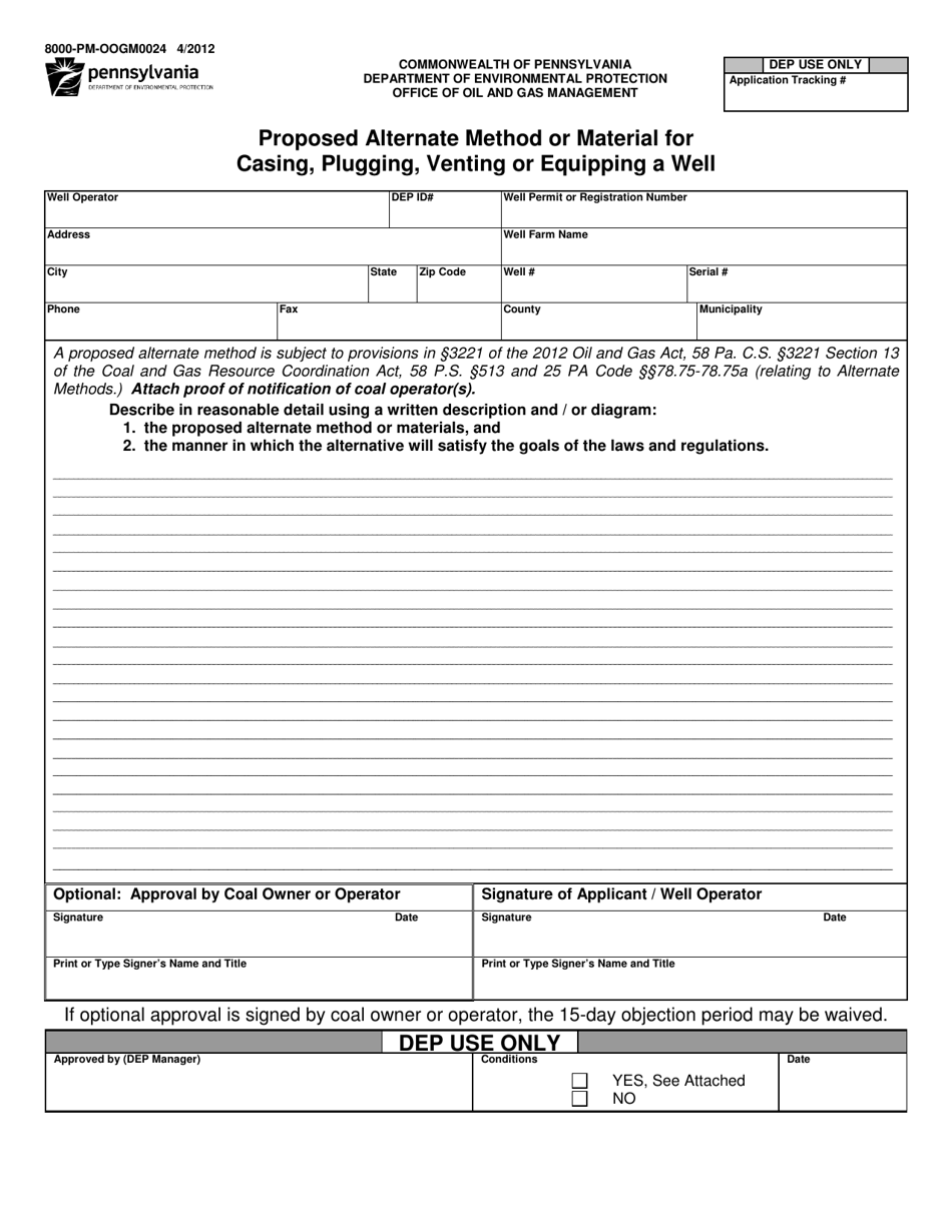 Form 8000-PM-OOGM0024 Proposed Alternate Method or Material for Casing, Plugging, Venting or Equipping a Well - Pennsylvania, Page 1