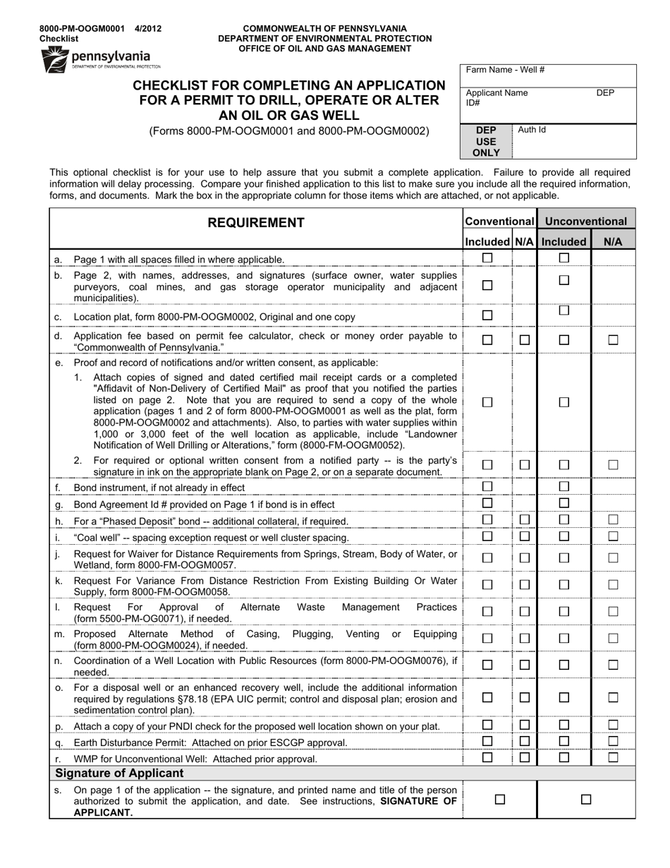 Form 8000-PM-OOGM0001 Checklist for Completing an Application for a Permit to Drill, Operate or Alter an Oil or Gas Well - Pennsylvania, Page 1