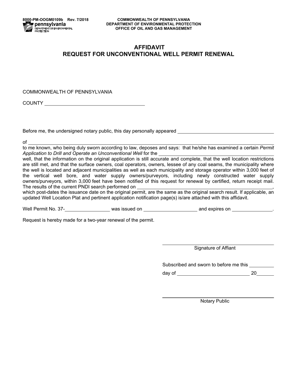 Form 8000-PM-OOGM0109B Affidavit Request for Unconventional Well Permit Renewal - Pennsylvania, Page 1