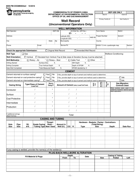 Form 8000-FM-OOGM0004AU Well Record (Unconventional Operations Only) - Pennsylvania
