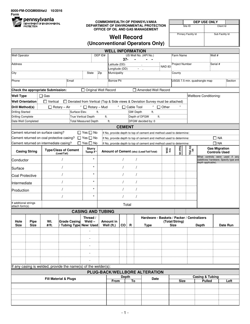 Form 8000-FM-OOGM0004AU Well Record (Unconventional Operations Only) - Pennsylvania, Page 1