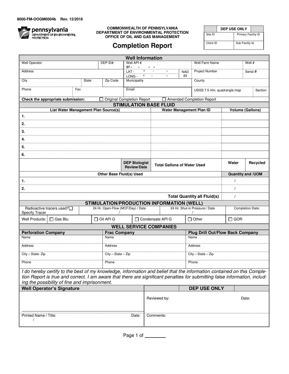 Form 8000-FM-OOGM0004B Completion Report - Pennsylvania, Page 1