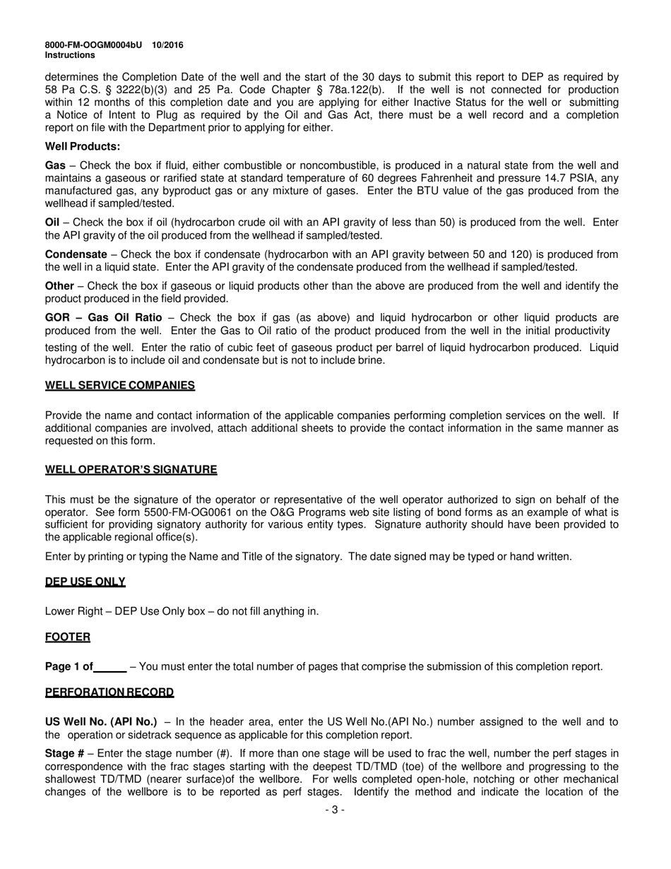 Instructions for Form 8000-FM-OOGM0004BU Completion Report (Unconventional Operators Only) - Pennsylvania, Page 3