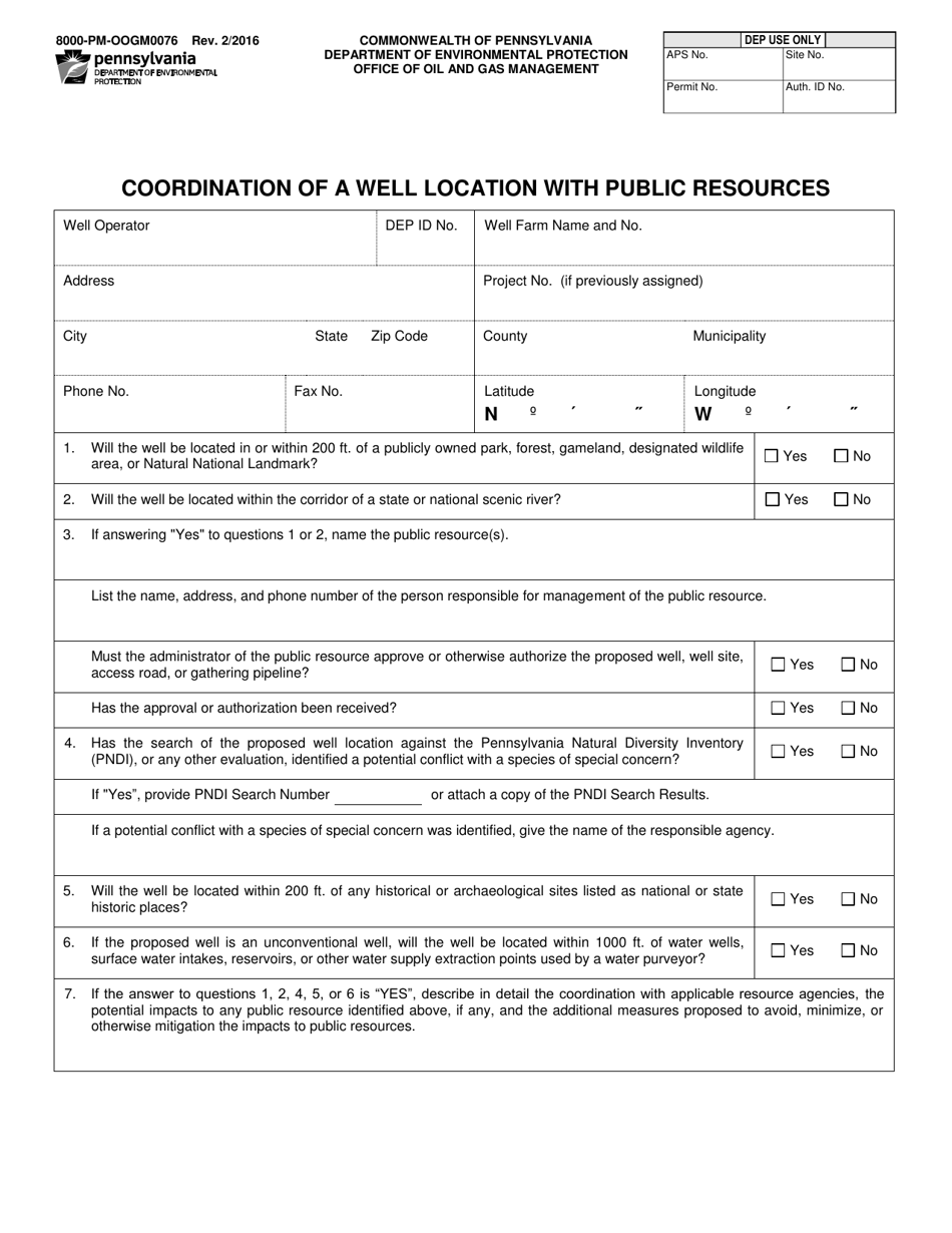 Form 8000-PM-OOGM0076 Coordination of a Well Location With Public Resources - Pennsylvania, Page 1
