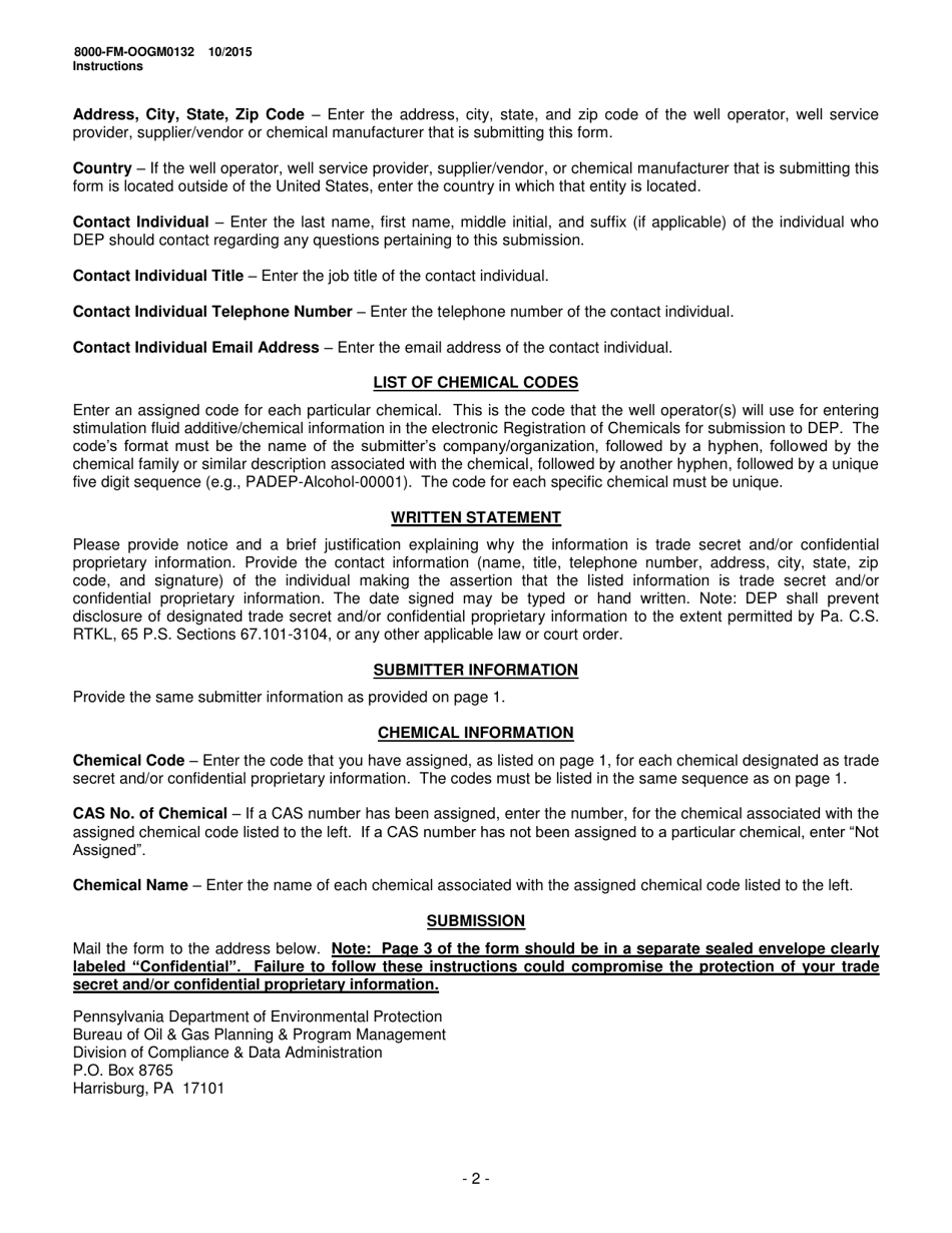 Instructions for Form 8000-FM-OOGM0132 Registration of Trade Secret / Confidential Proprietary Stimulation Fluid Chemical Information Form - Pennsylvania, Page 2