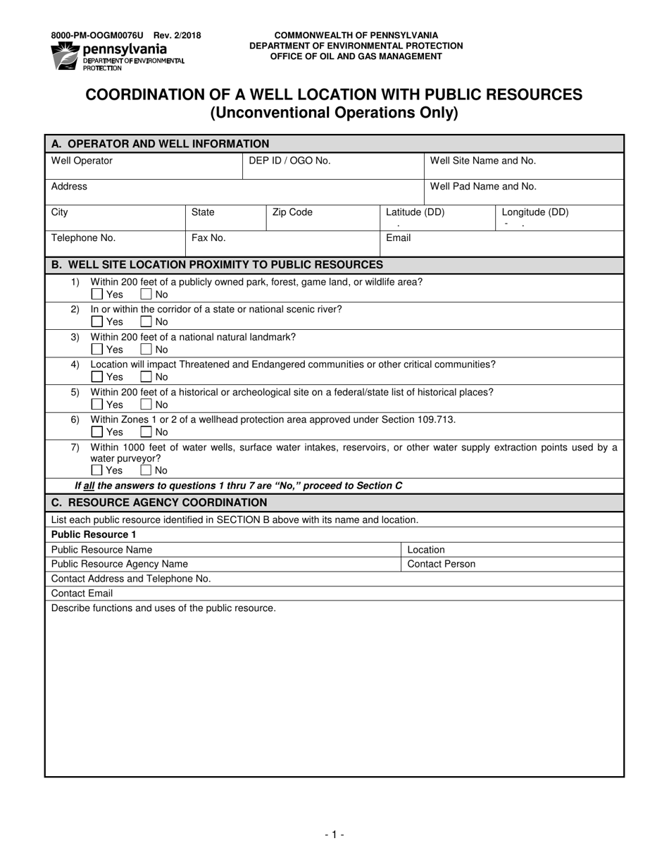 Form 8000-PM-OOGM0076U Coordination of a Well Location With Public Resources (Unconventional Operations Only) - Pennsylvania, Page 1