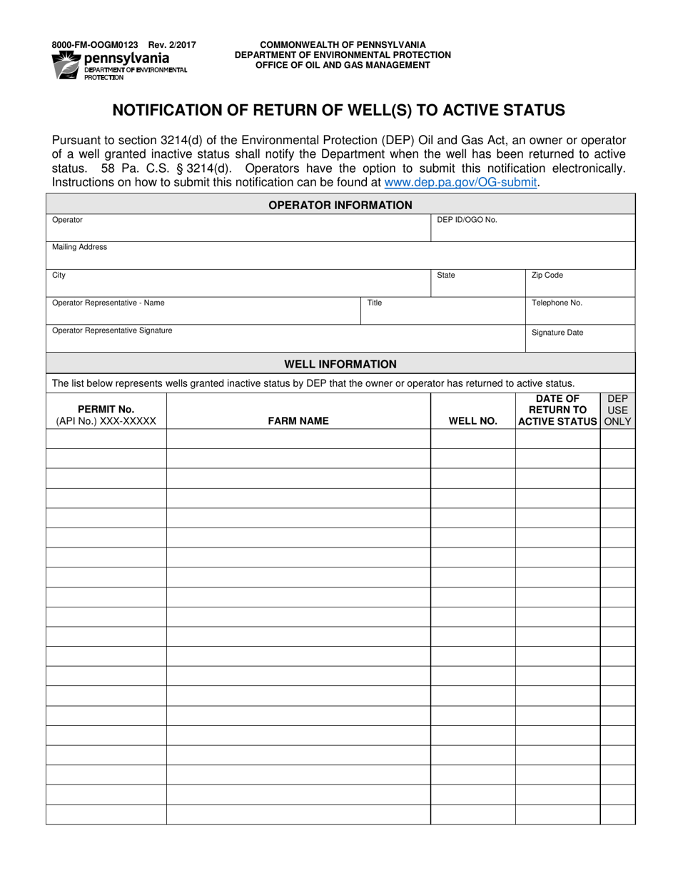 Form 8000-FM-OOGM0123 Notification of Return of Well(S) to Active Status - Pennsylvania, Page 1