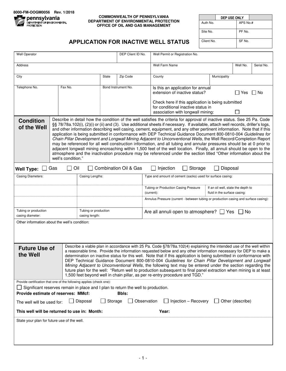 Form 8000-FM-OOGM0056 Application for Inactive Well Status - Pennsylvania, Page 1