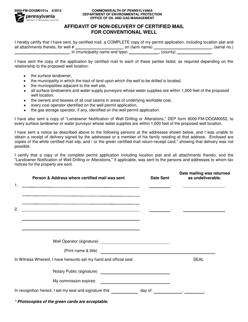 Form 8000-FM-OOGM0101A Affidavit of Non-delivery of Certified Mail for Conventional Well - Pennsylvania