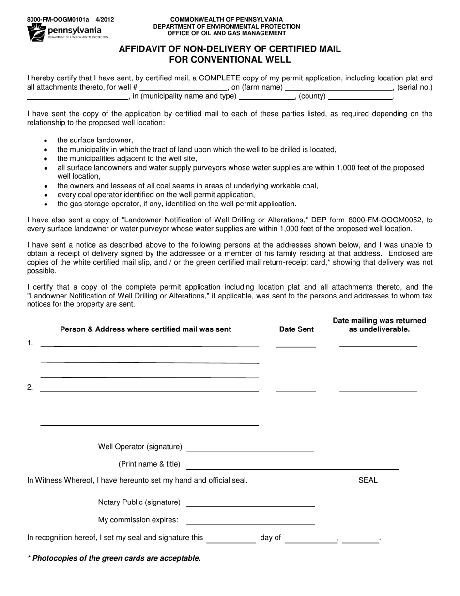 Form 8000-FM-OOGM0101A Affidavit of Non-delivery of Certified Mail for Conventional Well - Pennsylvania, Page 1