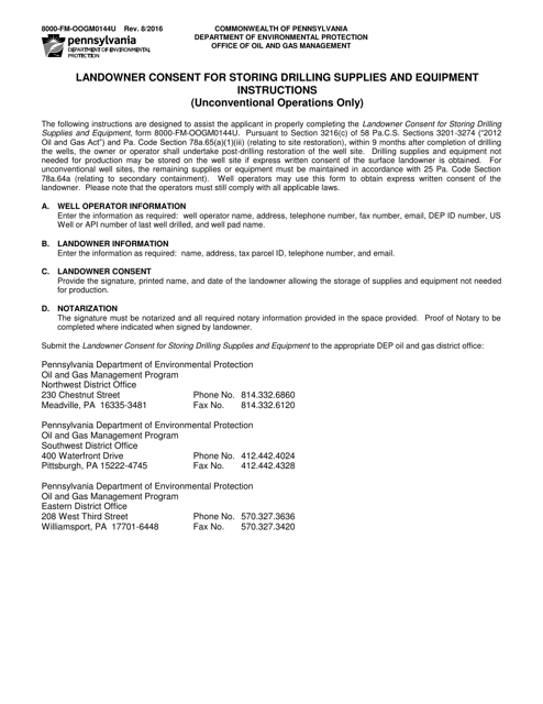 Instructions for Form 8000-FM-OOGM0144U Landowner Consent for Storing Drilling Supplies and Equipment (Unconventional Operations Only) - Pennsylvania