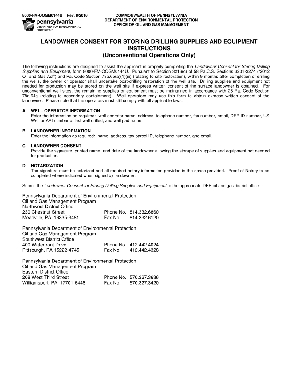 Instructions for Form 8000-FM-OOGM0144U Landowner Consent for Storing Drilling Supplies and Equipment (Unconventional Operations Only) - Pennsylvania, Page 1