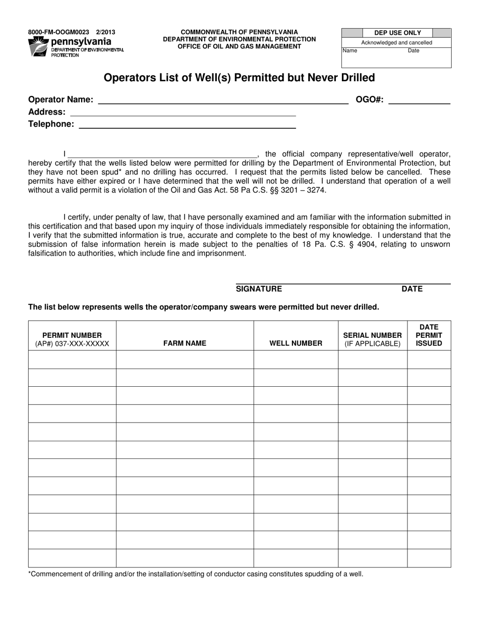 Form 8000-FM-OOGM0023 Operators List of Well(S) Permitted but Never Drilled - Pennsylvania, Page 1