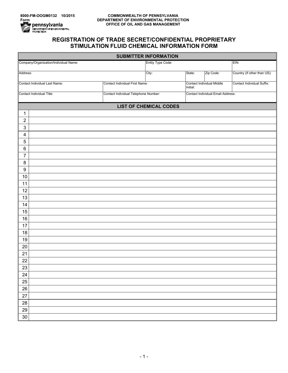 Form 8000-FM-OOGM0132 Registration of Trade Secret / Confidential Proprietary Stimulation Fluid Chemical Information Form - Pennsylvania, Page 1
