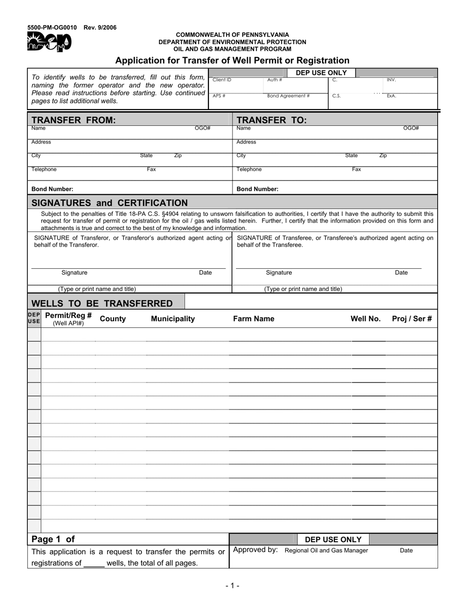 Form 5500-PM-OG0010 Application for Transfer of Well Permit or Registration - Pennsylvania, Page 1