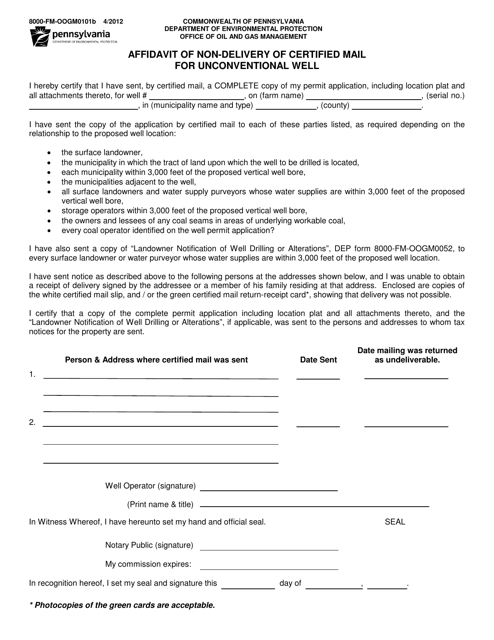 Form 8000-FM-OOGM0101B Affidavit of Non-delivery of Certified Mail for Unconventional Well - Pennsylvania