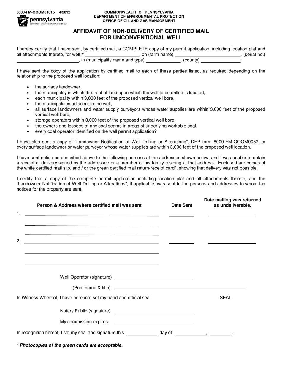 Form 8000-FM-OOGM0101B Affidavit of Non-delivery of Certified Mail for Unconventional Well - Pennsylvania, Page 1