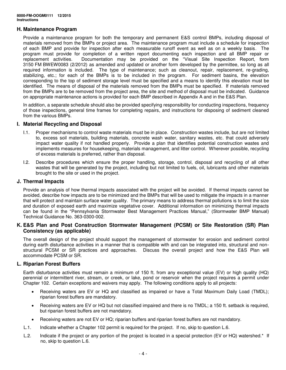 Instructions for Form 8000-FM-OOGM0111 Erosion and Sediment Control Plan for Oil and Gas Operations - Pennsylvania, Page 4