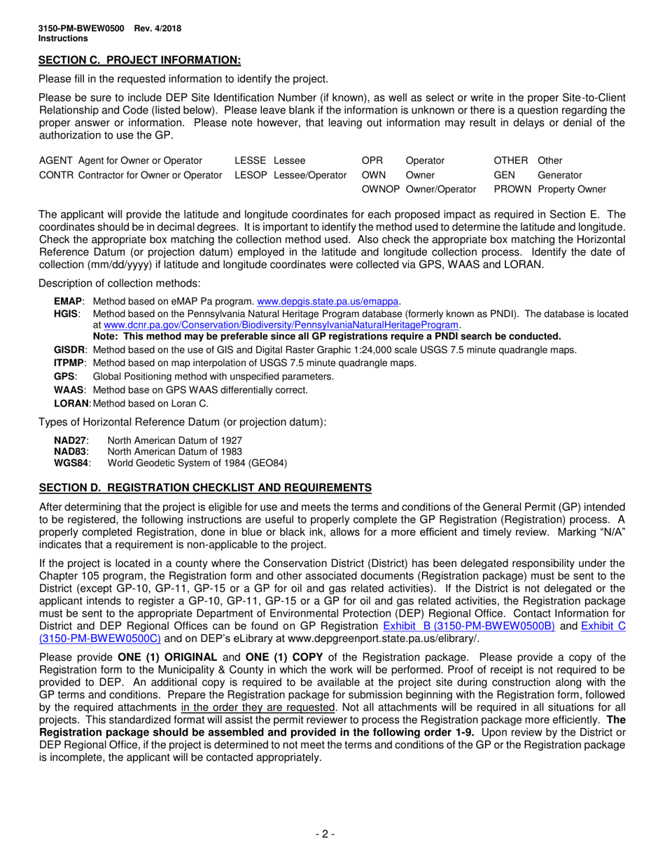 Instructions for Form 3150-PM-BWEW0500 Chapter 105 Water Obstructions and Encroachment General Permit Registration - Pennsylvania, Page 2