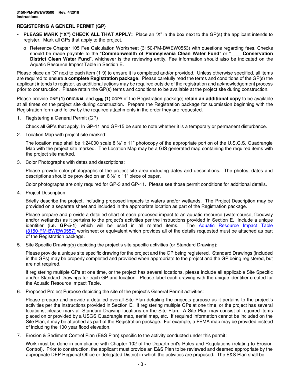 Instructions for Form 3150-PM-BWEW0500 Chapter 105 Water Obstructions and Encroachment General Permit Registration - Pennsylvania, Page 3