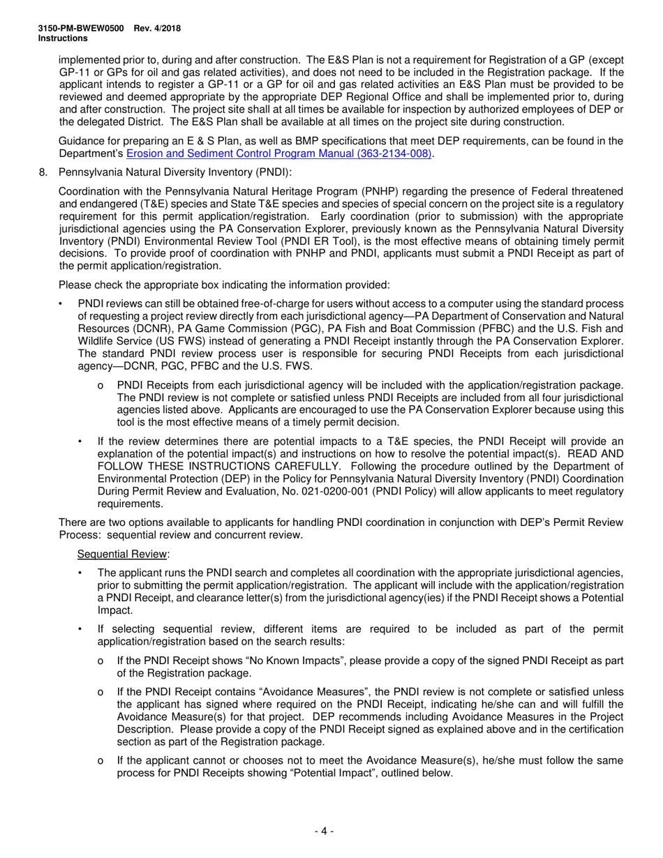 Instructions for Form 3150-PM-BWEW0500 Chapter 105 Water Obstructions and Encroachment General Permit Registration - Pennsylvania, Page 4