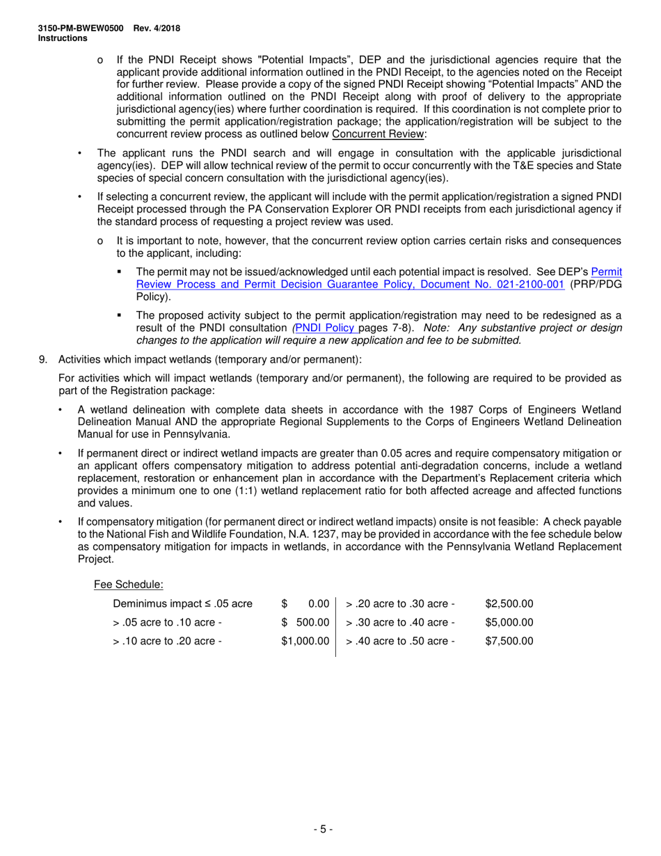 Instructions for Form 3150-PM-BWEW0500 Chapter 105 Water Obstructions and Encroachment General Permit Registration - Pennsylvania, Page 5