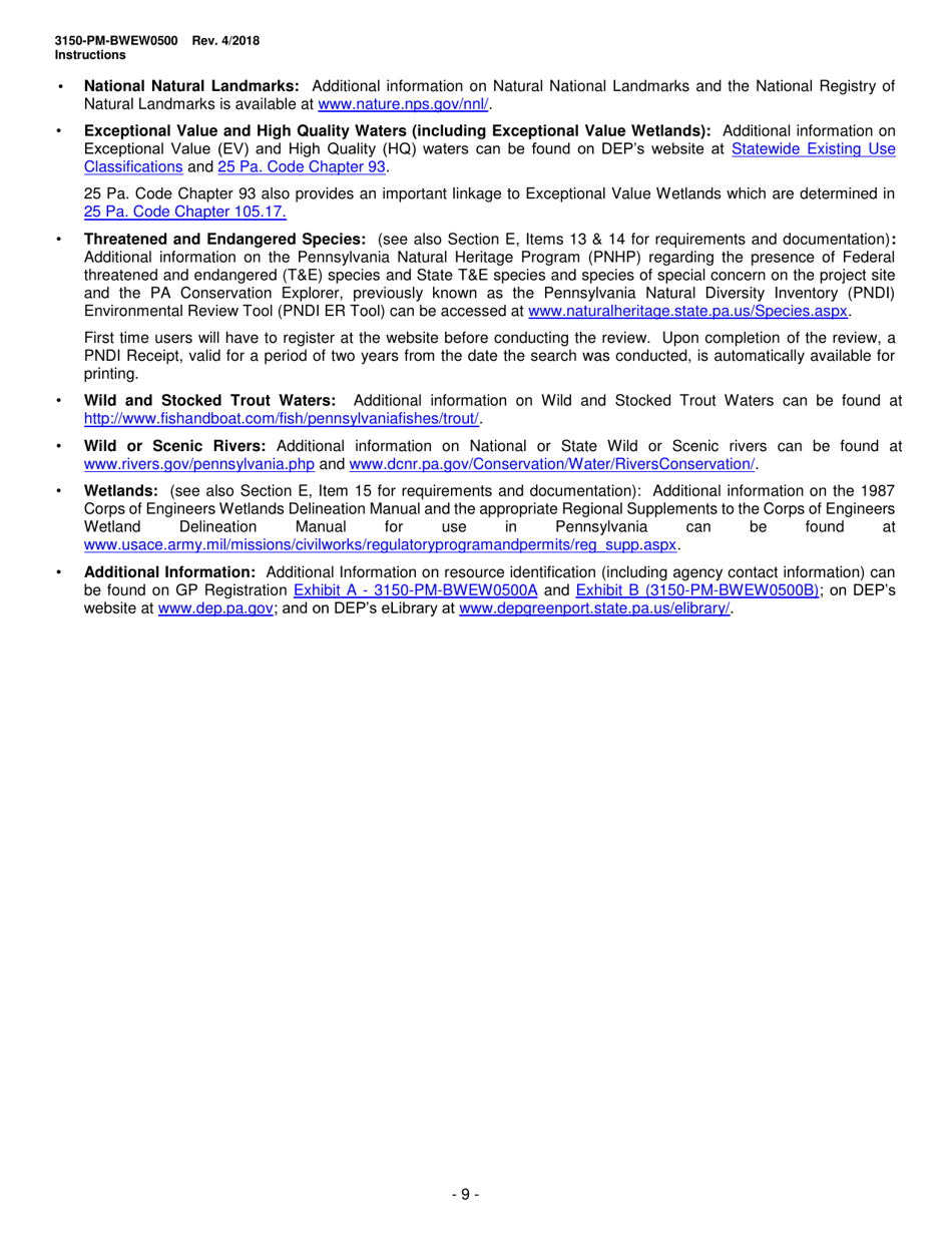 Instructions for Form 3150-PM-BWEW0500 Chapter 105 Water Obstructions and Encroachment General Permit Registration - Pennsylvania, Page 9