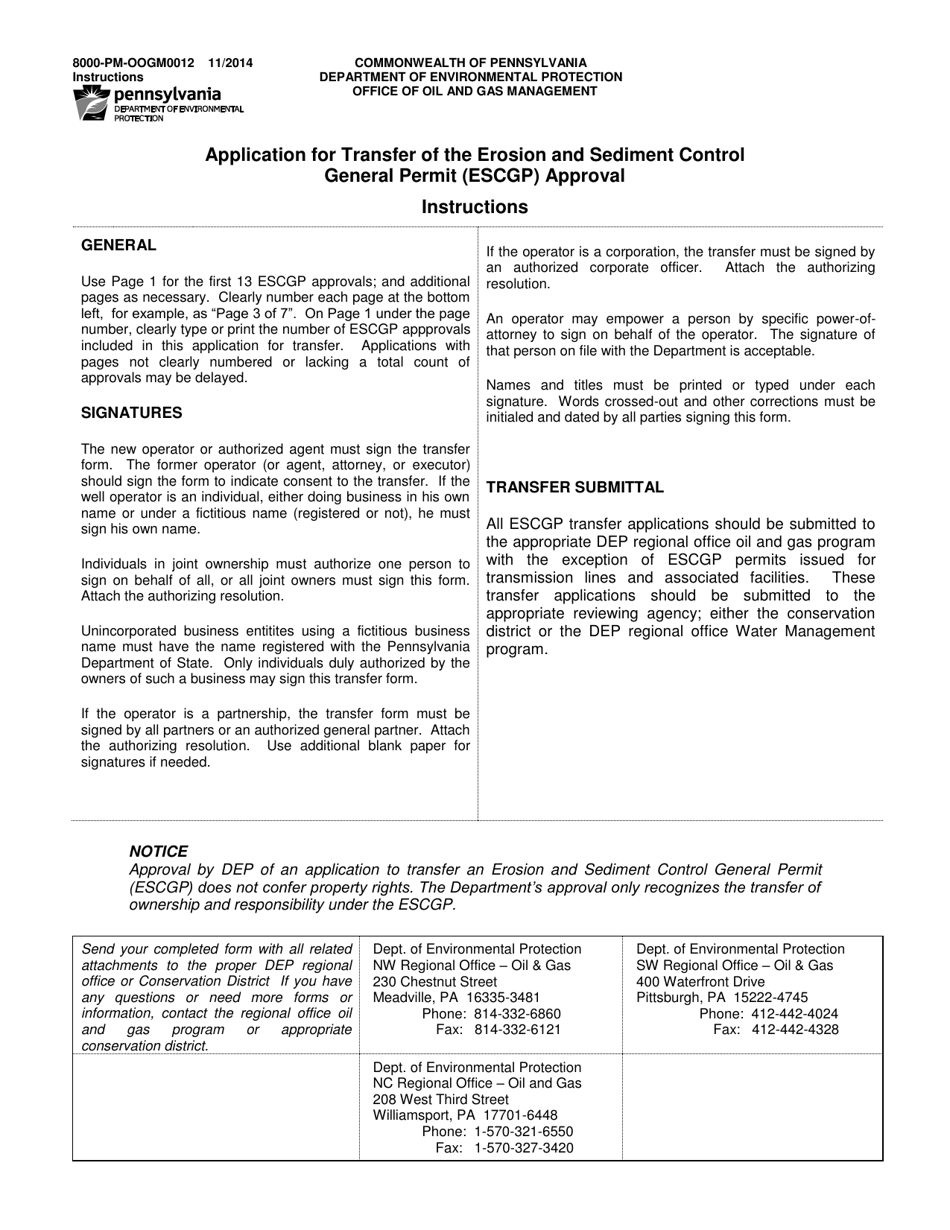 Instructions for Form 8000-PM-OOGM0012 Application for Transfer of the Erosion and Sediment Control General Permit (Escgp) Approval - Pennsylvania, Page 1