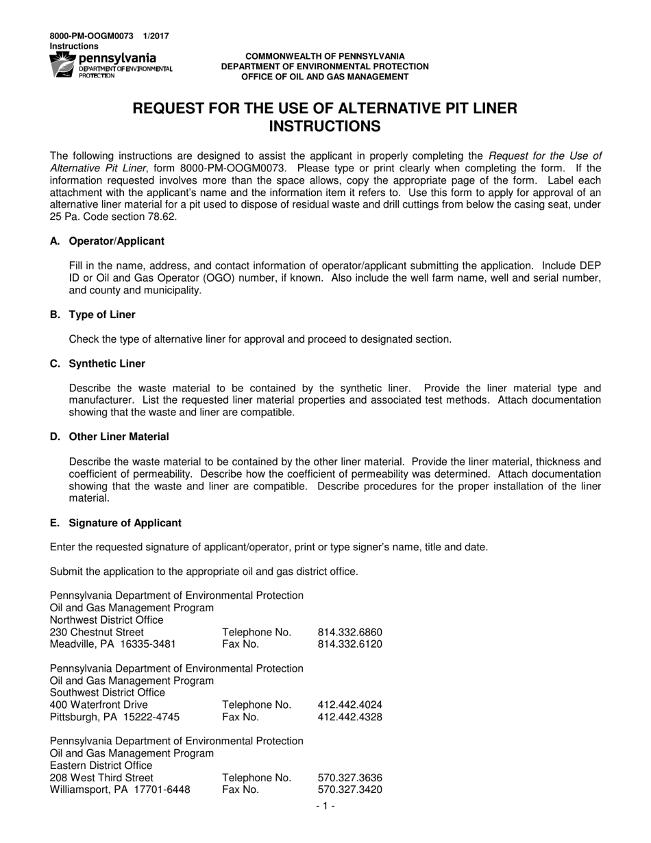 Instructions for Form 8000-PM-OOGM0073 Request for the Use of Alternative Pit Liner - Pennsylvania, Page 1