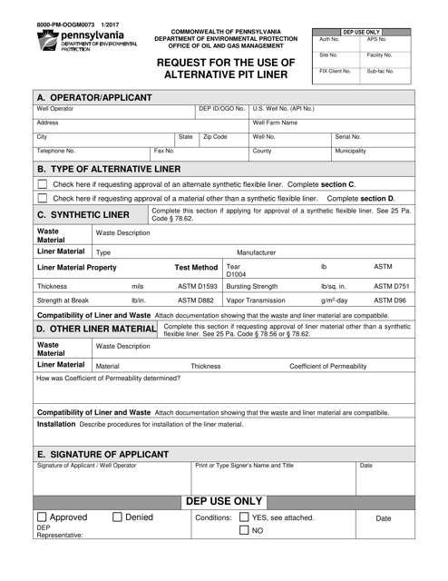 Form 8000-PM-OOGM0073 Request for the Use of Alternative Pit Liner - Pennsylvania