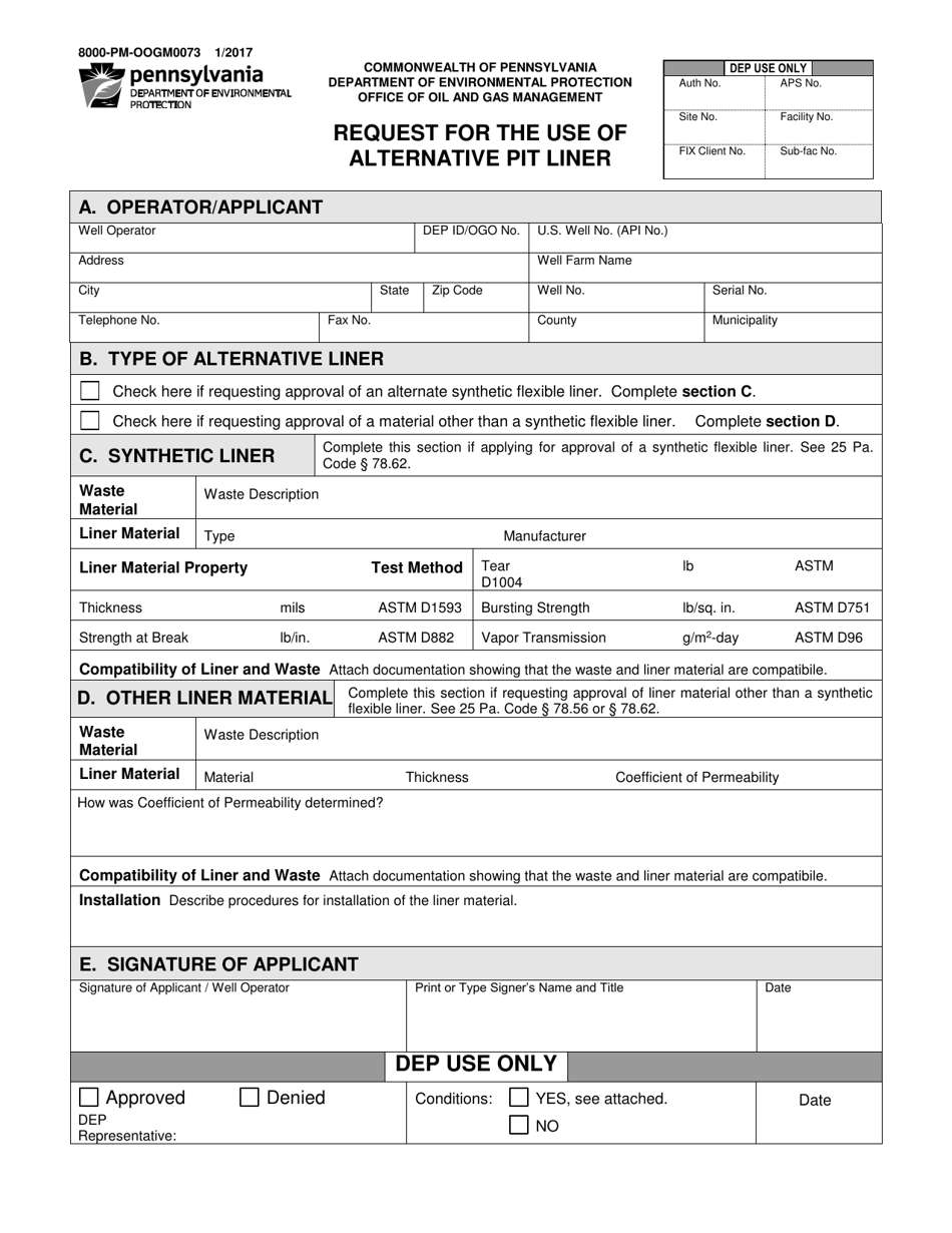 Form 8000-PM-OOGM0073 Request for the Use of Alternative Pit Liner - Pennsylvania, Page 1
