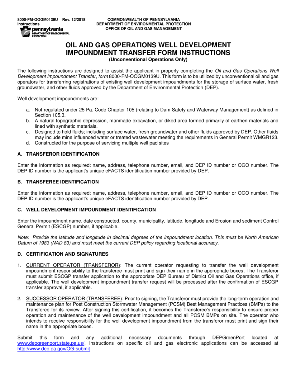 Instructions for Form 8000-FM-OOGM0139U Oil and Gas Operations Well Development Impoundment Transfer Form (Unconventional Operations Only) - Pennsylvania, Page 1