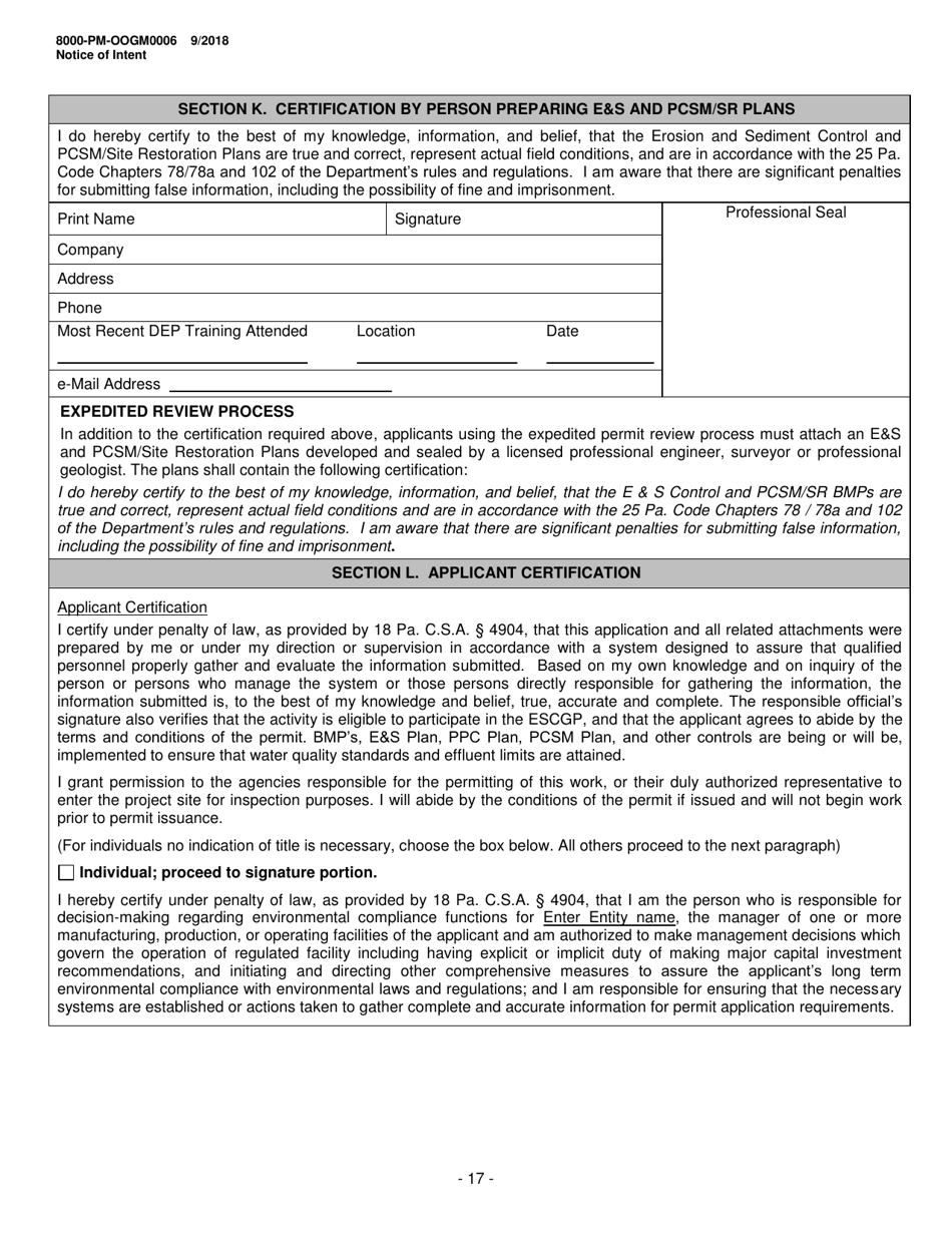 Form 8000-PM-OOGM0006 Notice of Intent (Noi) for Coverage Under the Erosion and Sediment Control General Permit (Escgp-3) for Earth Disturbance Associated With Oil and Gas Exploration, Production, Processing, or Treatment Operations or Transmission Facilities - Pennsylvania, Page 17