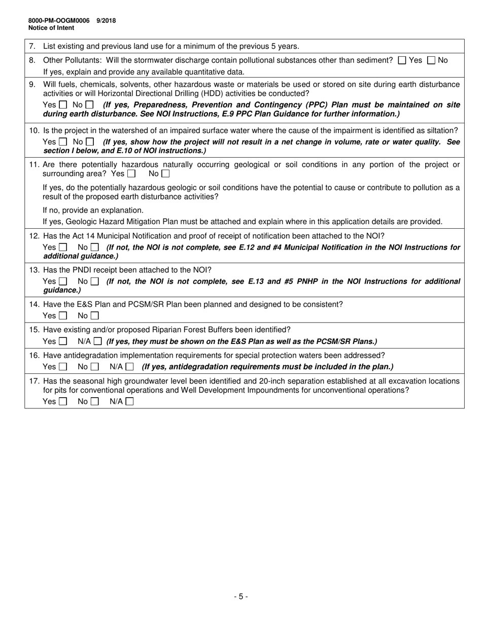 Form 8000-PM-OOGM0006 Notice of Intent (Noi) for Coverage Under the Erosion and Sediment Control General Permit (Escgp-3) for Earth Disturbance Associated With Oil and Gas Exploration, Production, Processing, or Treatment Operations or Transmission Facilities - Pennsylvania, Page 5