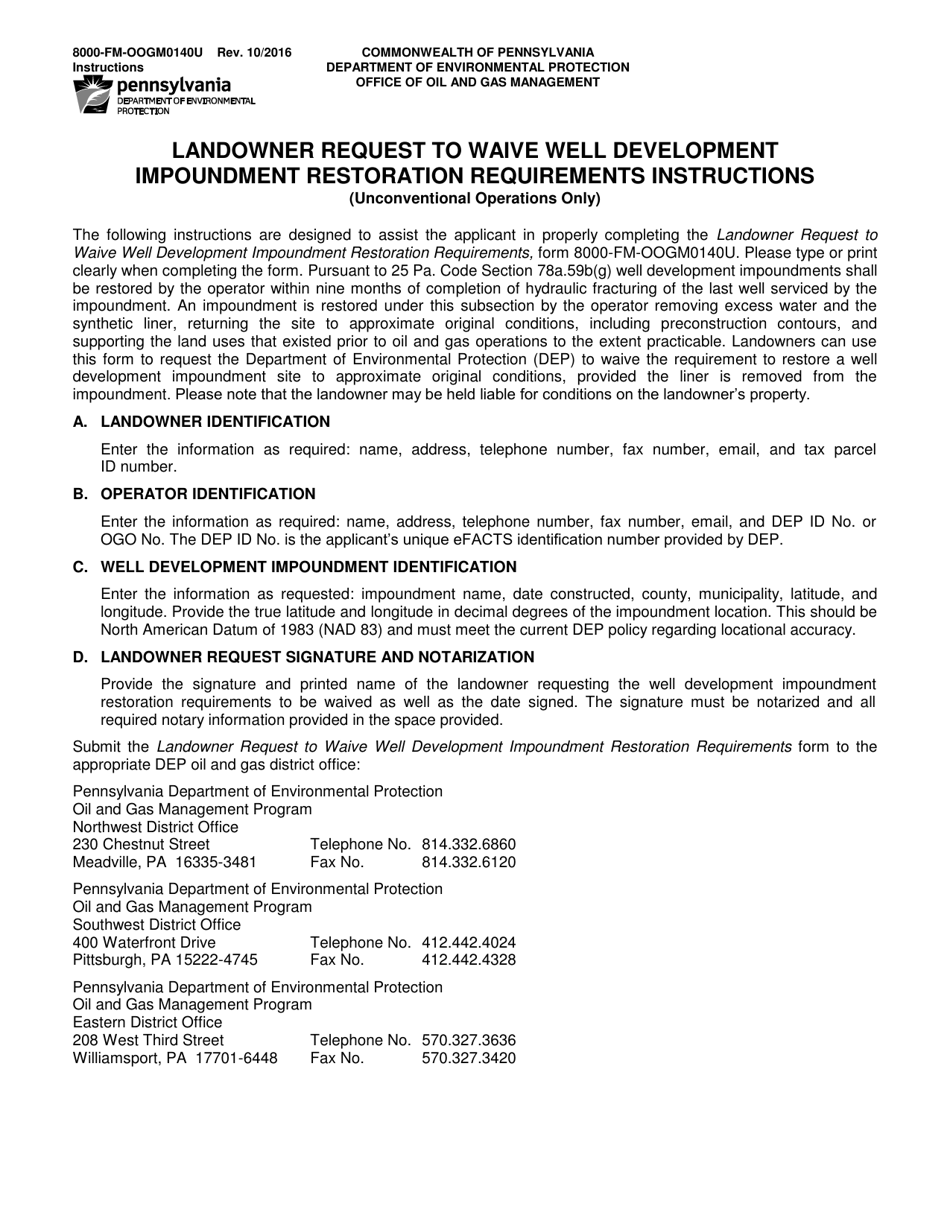 Instructions for Form 8000-FM-OOGM0140U Landowner Request to Waive Well Development Impoundment Restoration Requirements (Unconventional Operations Only) - Pennsylvania, Page 1