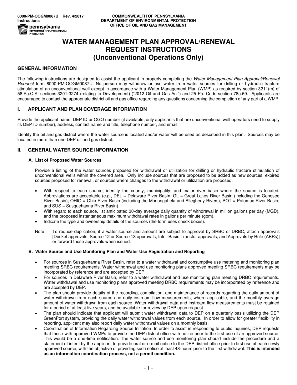 Instructions for Form 8000-PM-OOGM0087U Water Management Plan Approval/Renewal Request (Unconventional Operations Only) - Pennsylvania, Page 1