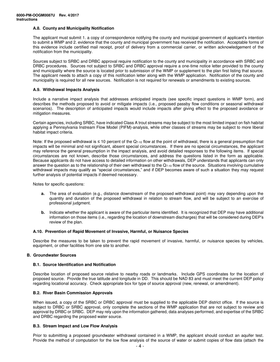Instructions for Form 8000-PM-OOGM0087U Water Management Plan Approval / Renewal Request (Unconventional Operations Only) - Pennsylvania, Page 4