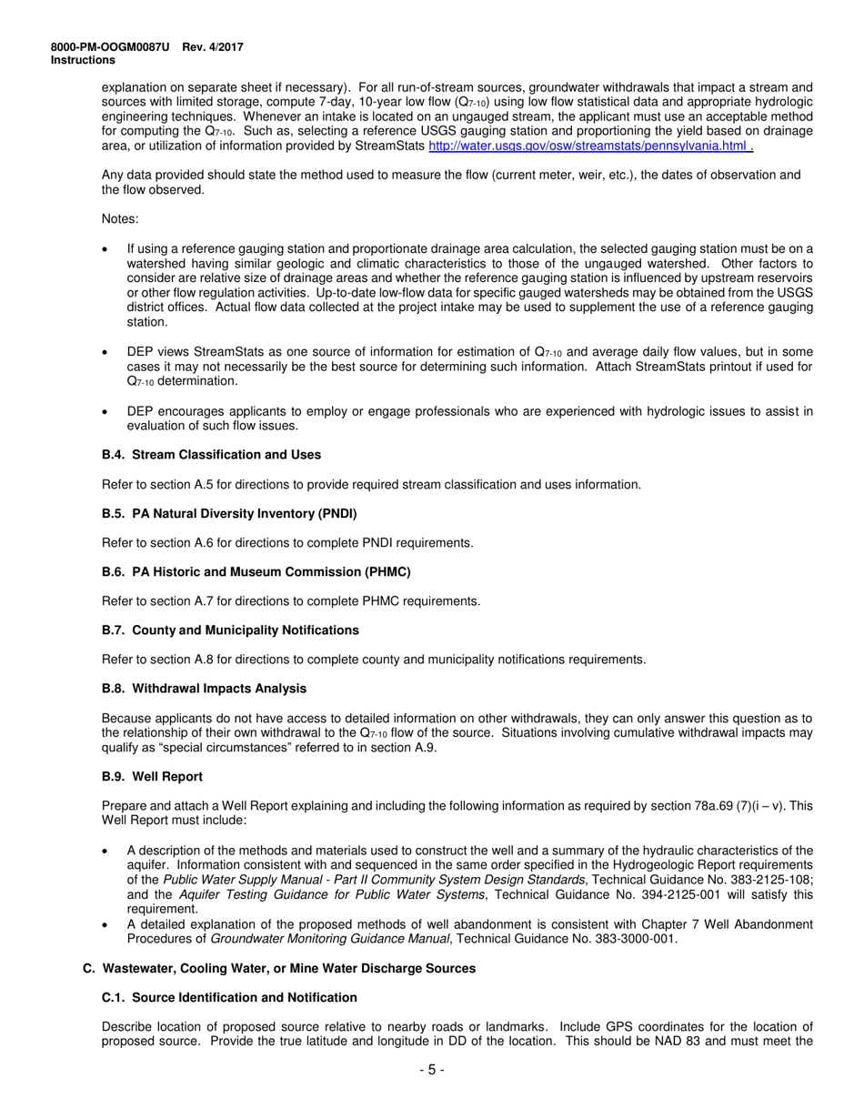 Instructions for Form 8000-PM-OOGM0087U Water Management Plan Approval / Renewal Request (Unconventional Operations Only) - Pennsylvania, Page 5