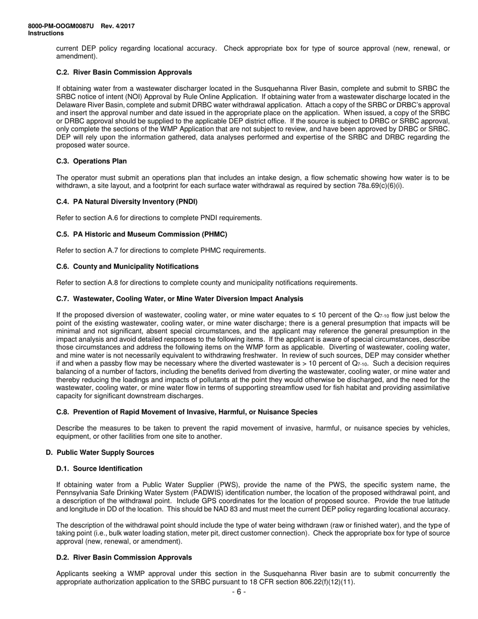 Instructions for Form 8000-PM-OOGM0087U Water Management Plan Approval / Renewal Request (Unconventional Operations Only) - Pennsylvania, Page 6