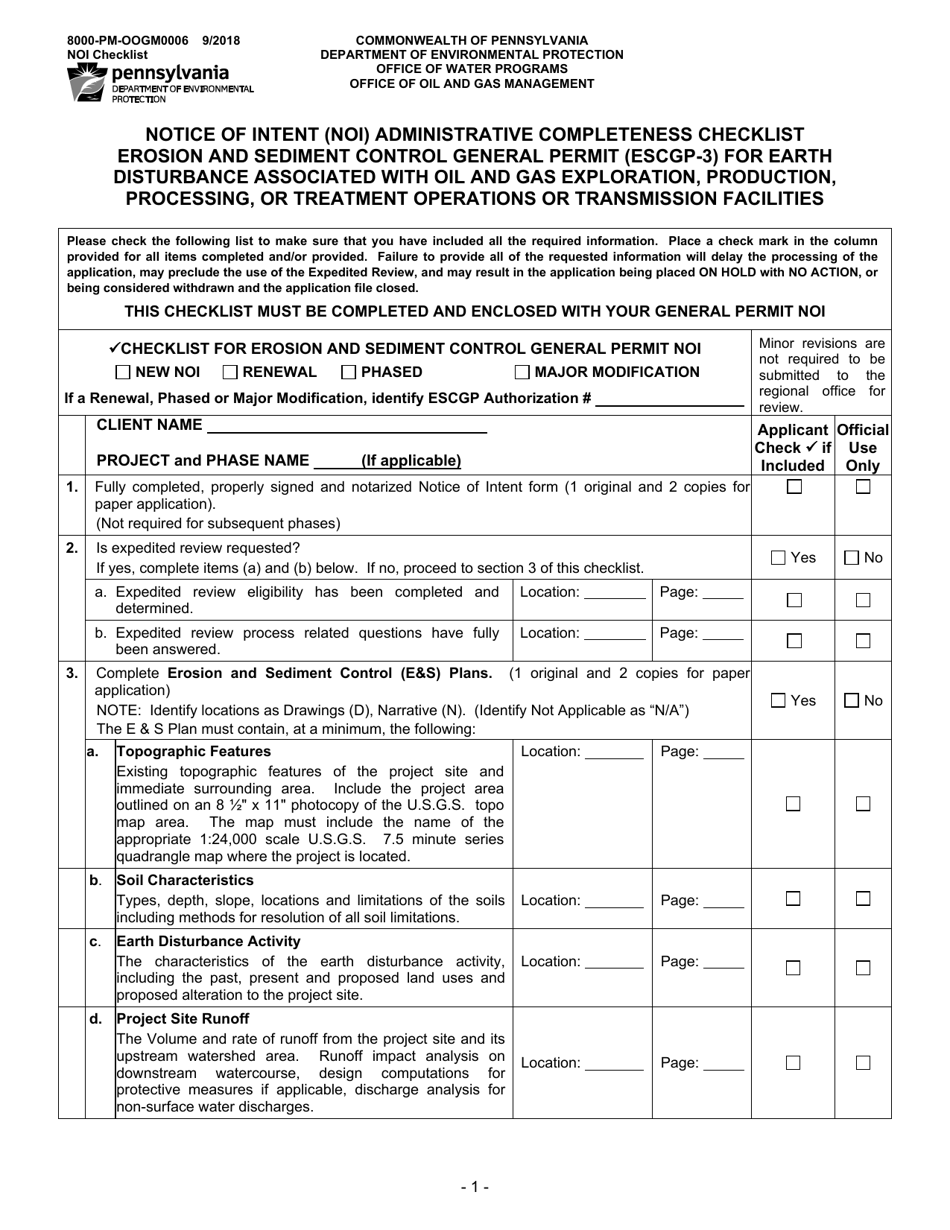 Form 8000-PM-OOGM0006 Notice of Intent (Noi) Administrative Completeness Checklist Erosion and Sedimentcontrol General Permit (Escgp-3) for Earth Disturbance Associated With Oil and Gas Exploration, Production, Processing, or Treatment Operations or Transmission Facilities - Pennsylvania, Page 1