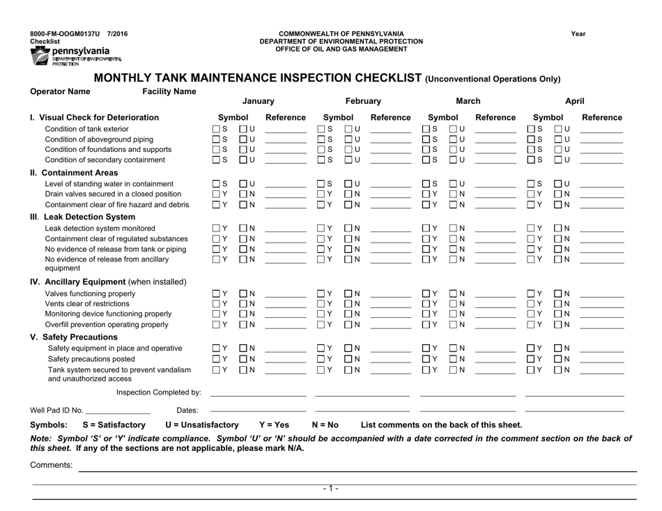 Form 8000-FM-OOGM0137U Monthly Tank Maintenance Inspection Checklist (Unconventional Operations Only) - Pennsylvania, Page 1