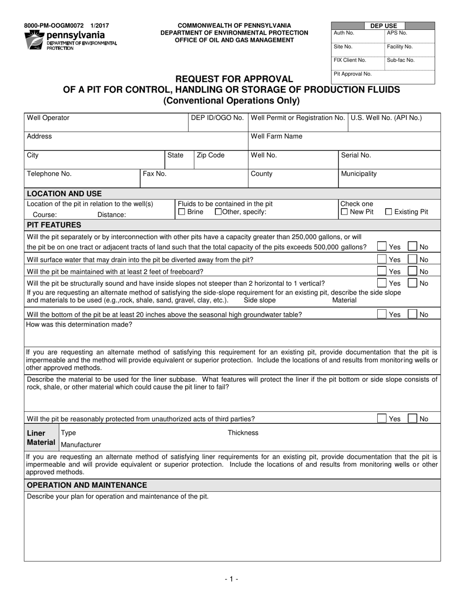 Form 8000-PM-OOGM0072 Request for Approval of a Pit for Control, Handling or Storage of Production Fluids (Conventional Operations Only) - Pennsylvania, Page 1
