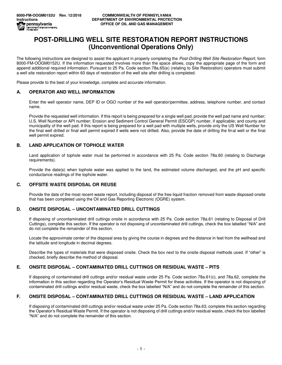Instructions for Form 8000-FM-OOGM0152U Post-drilling Well Site Restoration Report (Unconventional Operations Only) - Pennsylvania, Page 1