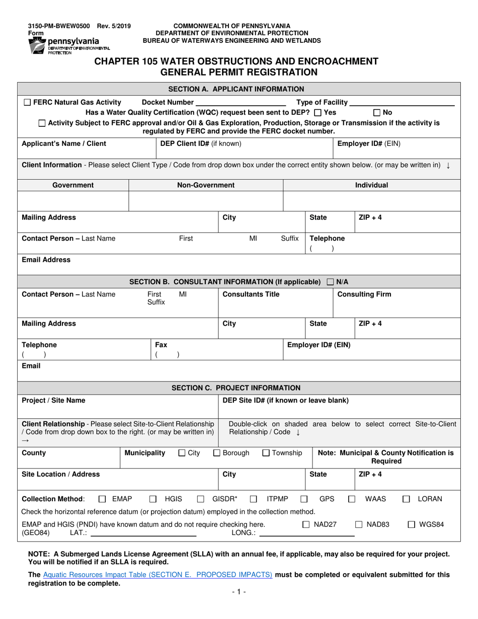 Form 3150-PM-BWEW0500 Chapter 105 Water Obstructions and Encroachment General Permit Registration - Pennsylvania, Page 1