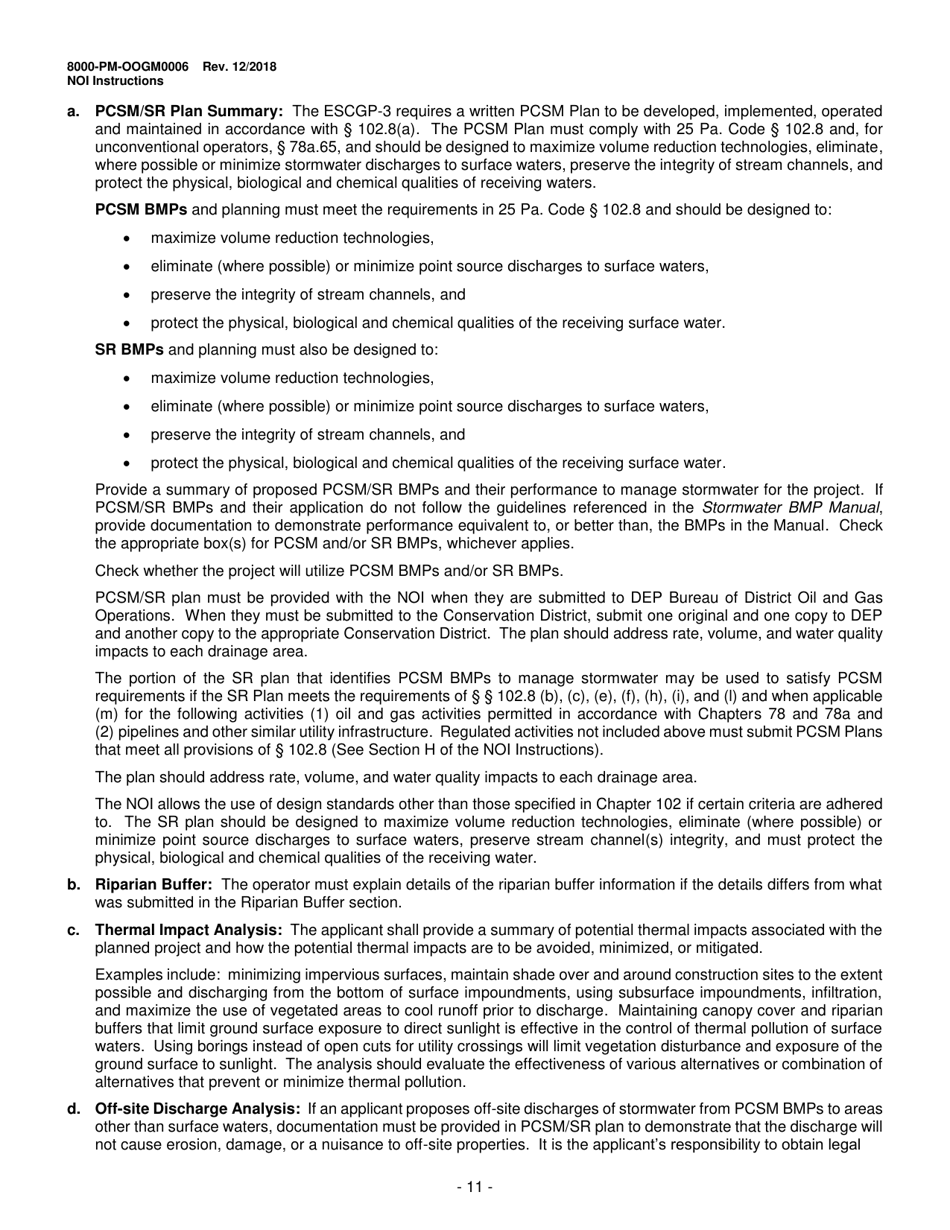 Instructions for Form 8000-PM-OOGM0006 Notice of Intent (Noi) for Coverage Under the Erosion and Sediment Control General Permit (Escgp-3) for Earth Disturbance Associated With Oil and Gas Exploration, Production, Processing, or Treatment Operations or Transmission Facilities - Pennsylvania, Page 11