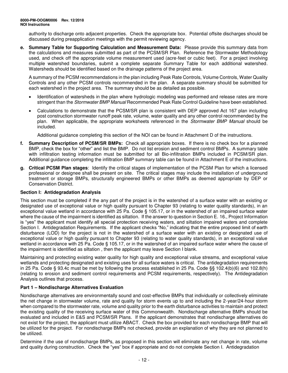 Instructions for Form 8000-PM-OOGM0006 Notice of Intent (Noi) for Coverage Under the Erosion and Sediment Control General Permit (Escgp-3) for Earth Disturbance Associated With Oil and Gas Exploration, Production, Processing, or Treatment Operations or Transmission Facilities - Pennsylvania, Page 12