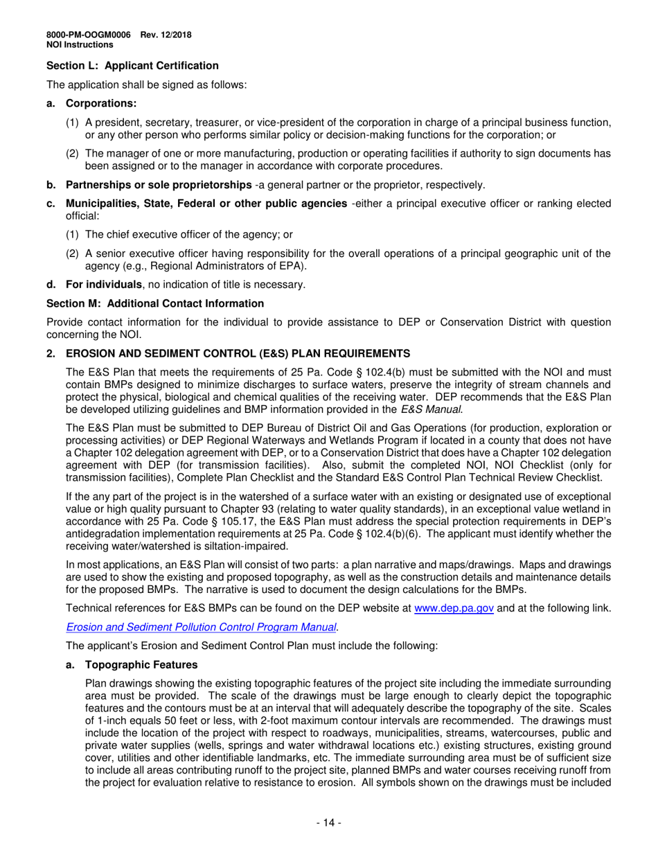 Instructions for Form 8000-PM-OOGM0006 Notice of Intent (Noi) for Coverage Under the Erosion and Sediment Control General Permit (Escgp-3) for Earth Disturbance Associated With Oil and Gas Exploration, Production, Processing, or Treatment Operations or Transmission Facilities - Pennsylvania, Page 14