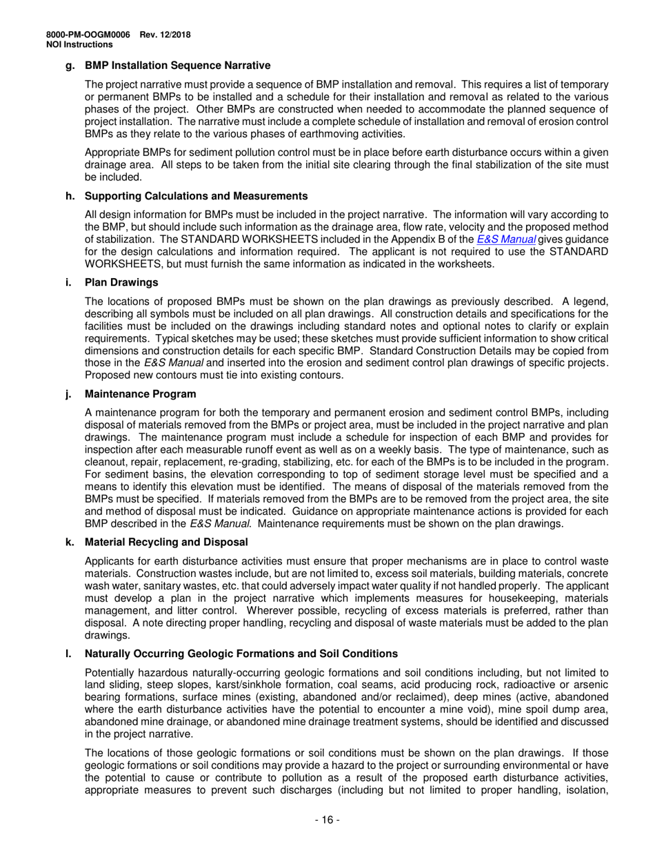 Instructions for Form 8000-PM-OOGM0006 Notice of Intent (Noi) for Coverage Under the Erosion and Sediment Control General Permit (Escgp-3) for Earth Disturbance Associated With Oil and Gas Exploration, Production, Processing, or Treatment Operations or Transmission Facilities - Pennsylvania, Page 16