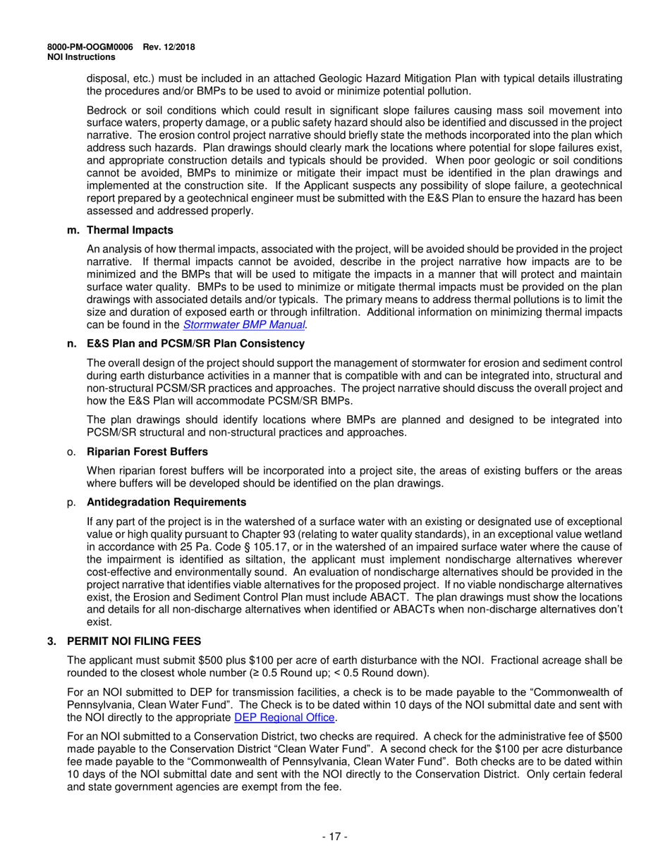 Instructions for Form 8000-PM-OOGM0006 Notice of Intent (Noi) for Coverage Under the Erosion and Sediment Control General Permit (Escgp-3) for Earth Disturbance Associated With Oil and Gas Exploration, Production, Processing, or Treatment Operations or Transmission Facilities - Pennsylvania, Page 17